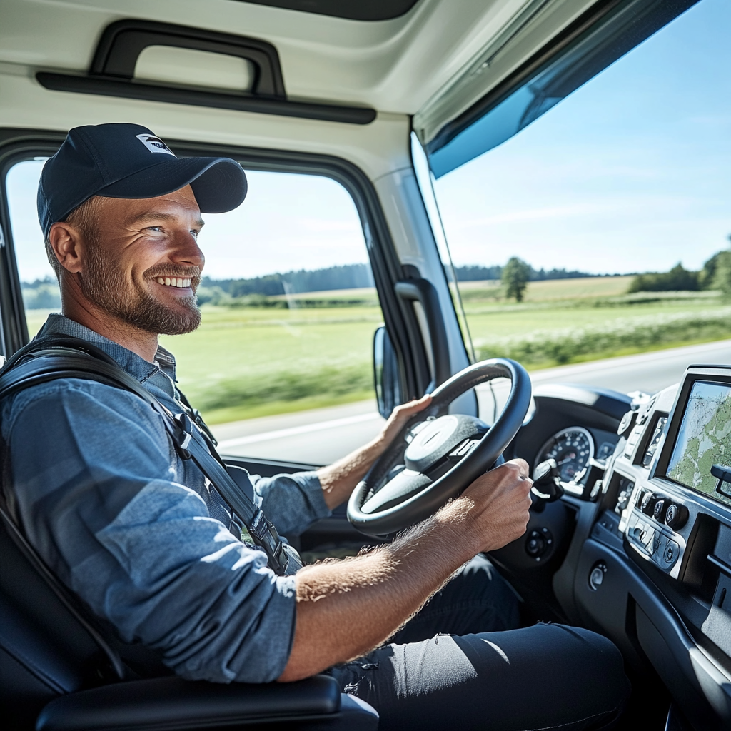Truck driver smiling while driving