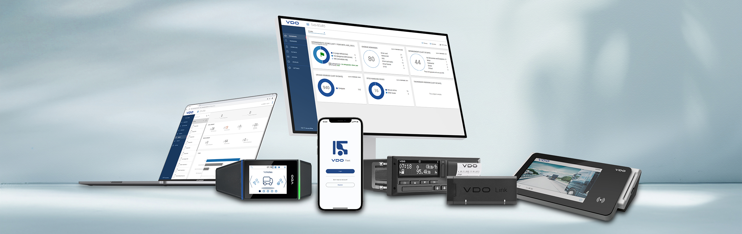 Collage of the VDO world consisting of computer screens, the VDO Link, the DLK Smart Download Key, the DTCO 4.1a and other products.